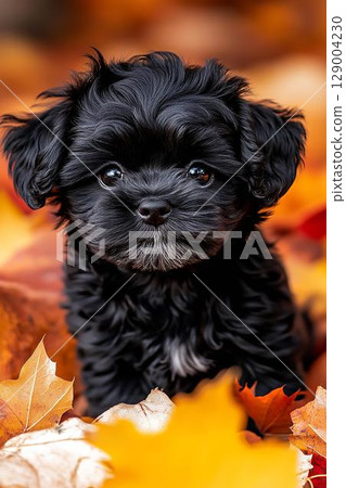 A black puppy surrounded by autumn leaves, with its round eyes and curiosity 129004230
