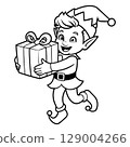 Cheerful Cartoon Elf Carrying Wrapped Gift 129004266