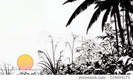 Sunset in a tropical country and silhouettes of tropical plants Sunset in a tropical country and silhouettes of tropical plants 129004273