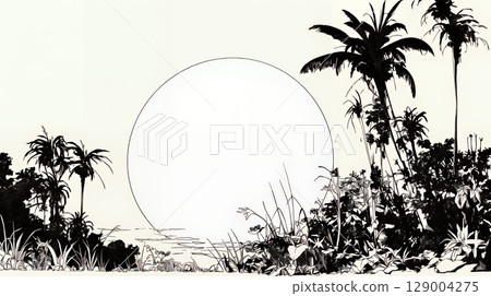 熱帶國家的日落和熱帶植物的輪廓 129004275