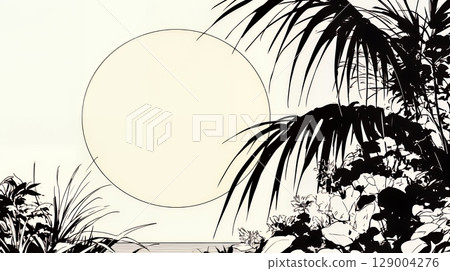 熱帶國家的日落和熱帶植物的輪廓 129004276