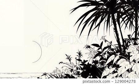 Sunset in a tropical country and silhouettes of tropical plants 129004278