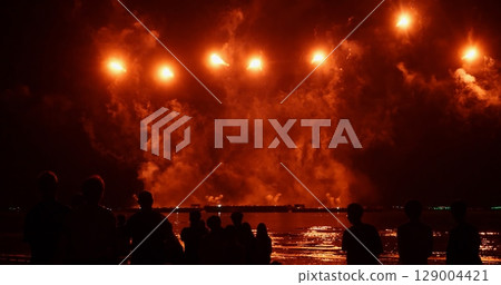 Red Firework celebrate anniversary happy new year 2024, 4th of july holiday festival. red firework in night time celebrate national holiday. Countdown to new year 2024 festival party time event 129004421