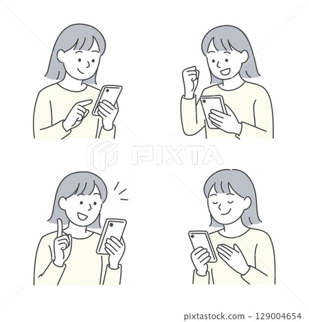 Facial expression set of a woman operating a smartphone Facial expression set of a woman operating a smartphone 129004654