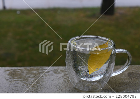 Glass Mug with Water and Yellow Leaf on Rainy Day Glass Mug with Water and Yellow Leaf on Rainy Day 129004792
