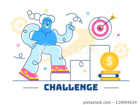 Challenge Vector Illustration Featuring a Businessman Running to the Top of a Graph and Overcoming Obstacles to Achieve Success in a Flat Background 129004839