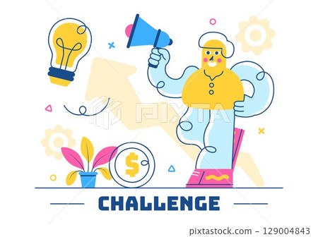 Challenge Vector Illustration Featuring a Businessman Running to the Top of a Graph and Overcoming Obstacles to Achieve Success in a Flat Background 129004843