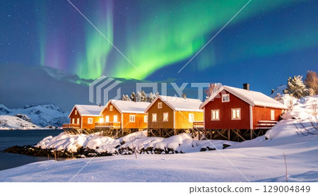 Mountain homes nestled in a snowy winter landscape under a vast sky 129004849