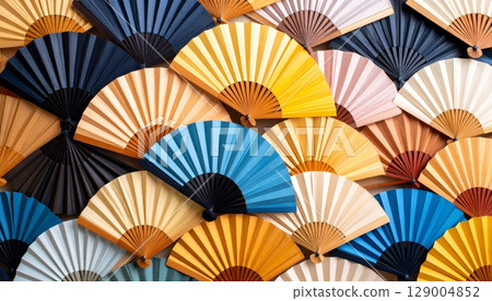 Traditional Japanese folding paper fan on a red background 129004852