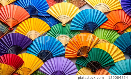Traditional Japanese folding paper fan on a red background 129004854