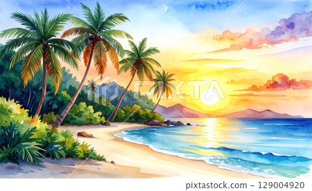 Golden sun dips below the horizon, painting a tropical island sky over a serene beach with swaying palm trees and gentle ocean waves, inviting summer vacation 129004920