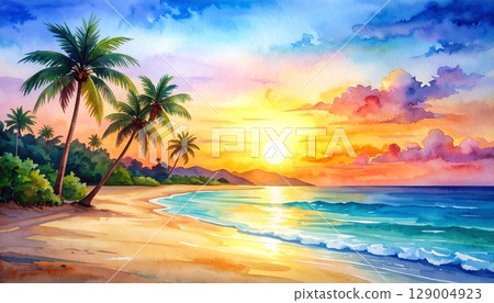 Golden sun dips below the horizon, painting a tropical island sky over a serene beach with swaying palm trees and gentle ocean waves, inviting summer vacation 129004923