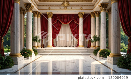 This luxurious interior features a red velvet curtain with columns, creating a grand entrance in an old European palace or cathedral This luxurious interior features a red velvet curtain with columns, creating a grand entrance in an old European palace or cathedral 129004929