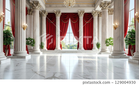 This luxurious interior features a red velvet curtain with columns, creating a grand entrance in an old European palace or cathedral This luxurious interior features a red velvet curtain with columns, creating a grand entrance in an old European palace or cathedral 129004930