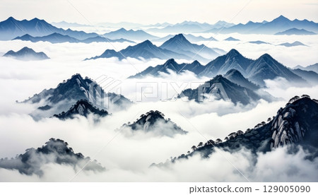 Winter dawn painting a serene view of snow-capped hills 129005090