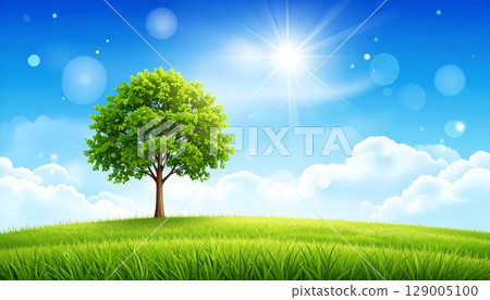 A lone tree stands majestically in a vast green field under a clear blue sky, illustrating the serene beauty of a natural summer landscape A lone tree stands majestically in a vast green field under a clear blue sky, illustrating the serene beauty of a natural summer landscape 129005100