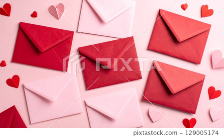 Love mail concept with a pink envelope, open to show a paper heart, symbolizing a blank message of correspondence 129005174
