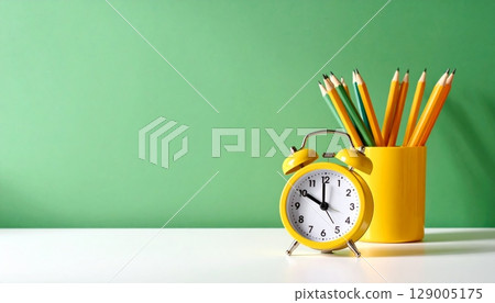 Old alarm clock on school books and chalkboard for back to school time Old alarm clock on school books and chalkboard for back to school time 129005175