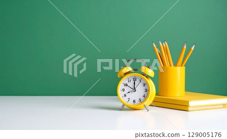 Old alarm clock on school books and chalkboard for back to school time 129005176