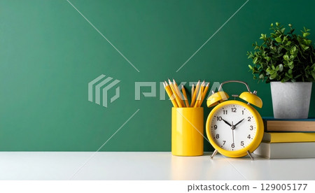 Old alarm clock on school books and chalkboard for back to school time 129005177