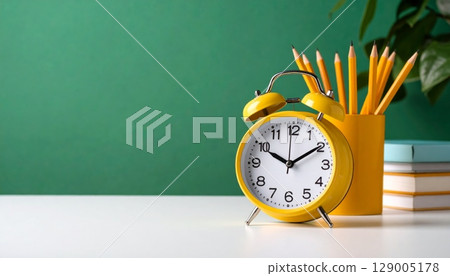 Old alarm clock on school books and chalkboard for back to school time 129005178