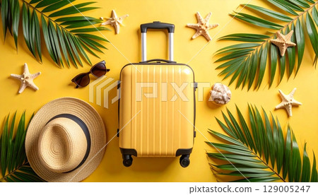 A fashionable woman wears a straw hat and sunglasses on a summer beach 129005247