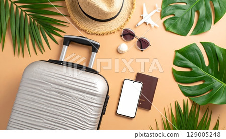A fashionable woman wears a straw hat and sunglasses on a summer beach 129005248