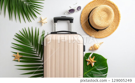 A fashionable woman wears a straw hat and sunglasses on a summer beach A fashionable woman wears a straw hat and sunglasses on a summer beach 129005249