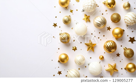 Shiny golden Christmas balls, festive holiday decorations for a seasonal celebration, isolated on a white background 129005277