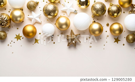 Shiny golden Christmas balls, festive holiday decorations for a seasonal celebration, isolated on a white background Shiny golden Christmas balls, festive holiday decorations for a seasonal celebration, isolated on a white background 129005280