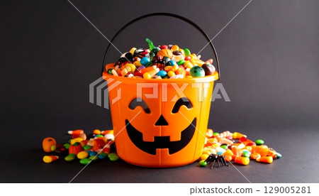 A seasonal autumn still life with orange Halloween pumpkins, candy corn, and fall leaves 129005281