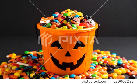 A seasonal autumn still life with orange Halloween pumpkins, candy corn, and fall leaves A seasonal autumn still life with orange Halloween pumpkins, candy corn, and fall leaves 129005282