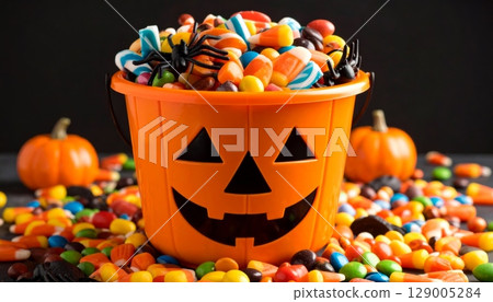 A seasonal autumn still life with orange Halloween pumpkins, candy corn, and fall leaves A seasonal autumn still life with orange Halloween pumpkins, candy corn, and fall leaves 129005284