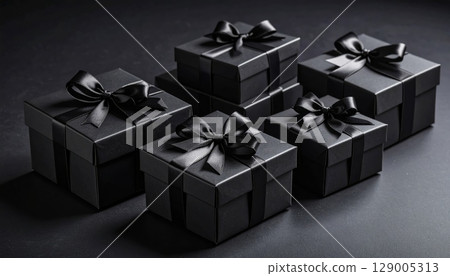 Wrapped in a red ribbon and bow, a festive black gift box sits isolated on a dark background, perfect for a surprise birthday or holiday present 129005313
