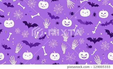 A seamless pattern of spooky Halloween pumpkins, jack-o'-lanterns, and other scary decorations perfect for an orange October holiday celebration design A seamless pattern of spooky Halloween pumpkins, jack-o'-lanterns, and other scary decorations perfect for an orange October holiday celebration design 129005333