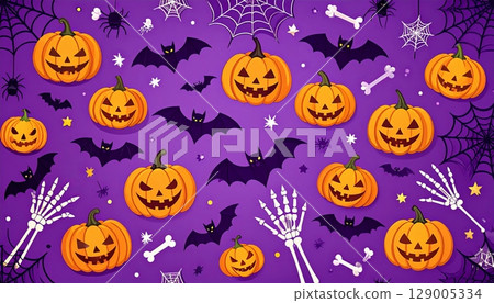 A seamless pattern of spooky Halloween pumpkins, jack-o'-lanterns, and other scary decorations perfect for an orange October holiday celebration design A seamless pattern of spooky Halloween pumpkins, jack-o'-lanterns, and other scary decorations perfect for an orange October holiday celebration design 129005334