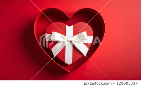 Red gift box with a ribbon and a bow on a heart-shaped design for a celebration of love, birthday, or holiday surprise Red gift box with a ribbon and a bow on a heart-shaped design for a celebration of love, birthday, or holiday surprise 129005337