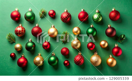 Gold, red, and green glass baubles and other ornaments decorate a festive pine branch for the Christmas holiday season Gold, red, and green glass baubles and other ornaments decorate a festive pine branch for the Christmas holiday season 129005339