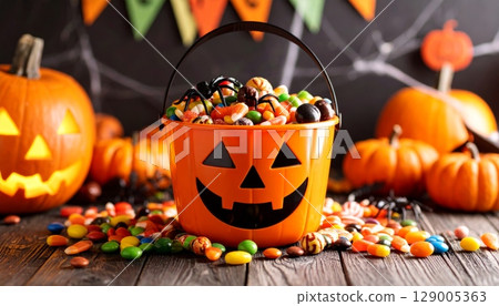 Scary carved pumpkin jack-o-lantern with an evil face, a spooky Halloween decoration for the autumn season Scary carved pumpkin jack-o-lantern with an evil face, a spooky Halloween decoration for the autumn season 129005363