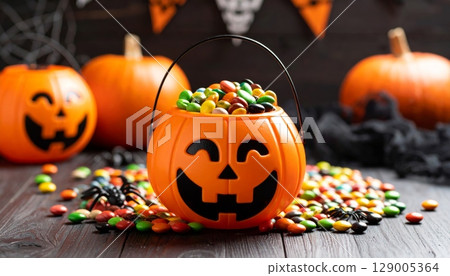 Scary carved pumpkin jack-o-lantern with an evil face, a spooky Halloween decoration for the autumn season Scary carved pumpkin jack-o-lantern with an evil face, a spooky Halloween decoration for the autumn season 129005364