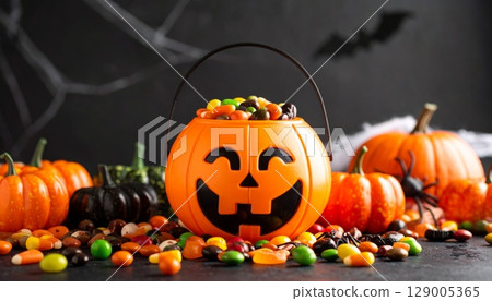 Scary carved pumpkin jack-o-lantern with an evil face, a spooky Halloween decoration for the autumn season 129005365