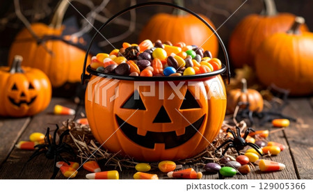 Scary carved pumpkin jack-o-lantern with an evil face, a spooky Halloween decoration for the autumn season Scary carved pumpkin jack-o-lantern with an evil face, a spooky Halloween decoration for the autumn season 129005366