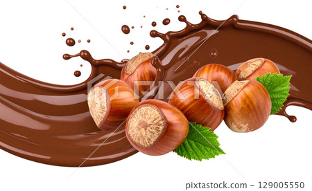 Healthy filbert hazelnuts, a natural and organic snack, grouped with chocolate, are isolated on a white background 129005550