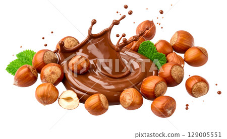 Healthy filbert hazelnuts, a natural and organic snack, grouped with chocolate, are isolated on a white background 129005551