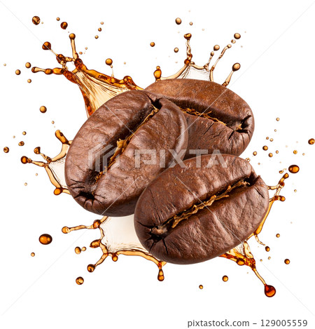 Roasted coffee beans splashing into a red cup, a dark caffeine closeup 129005559