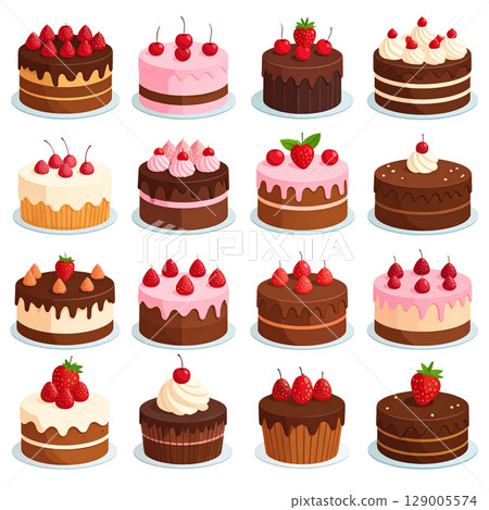 A seamless pattern with a delicious set of vector cupcakes, muffins, and birthday cakes with fruit and cream decorations 129005574