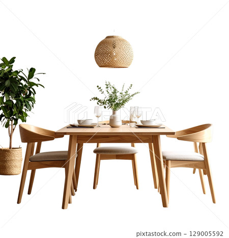 Dining room interior with stylish wooden table and chairs, comfortable and luxury design, nobody inside Dining room interior with stylish wooden table and chairs, comfortable and luxury design, nobody inside 129005592