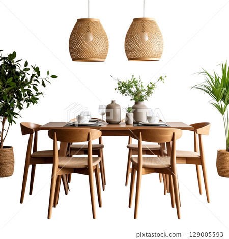 Dining room interior with stylish wooden table and chairs, comfortable and luxury design, nobody inside Dining room interior with stylish wooden table and chairs, comfortable and luxury design, nobody inside 129005593