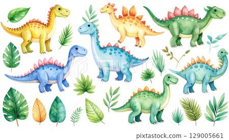 Cute and fun seamless vector pattern with cartoon dinosaur, giraffe, and elephant illustrations 129005661