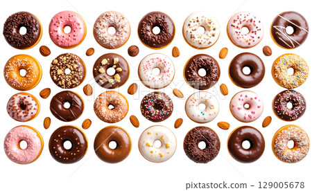 Isolated sweet chocolate donuts, fresh and delicious breakfast pastry snack on a white background Isolated sweet chocolate donuts, fresh and delicious breakfast pastry snack on a white background 129005678